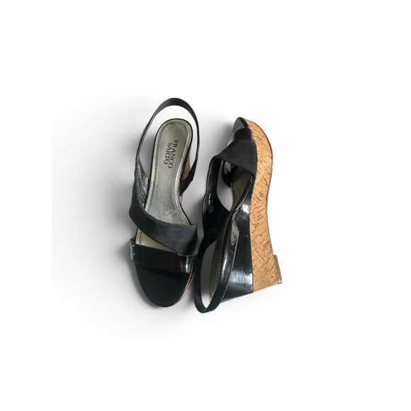 Franco Sarto Shoes - Franco Sarto Blink Black Patent Leather Cork Wedge Slingback Sandals Women 8M